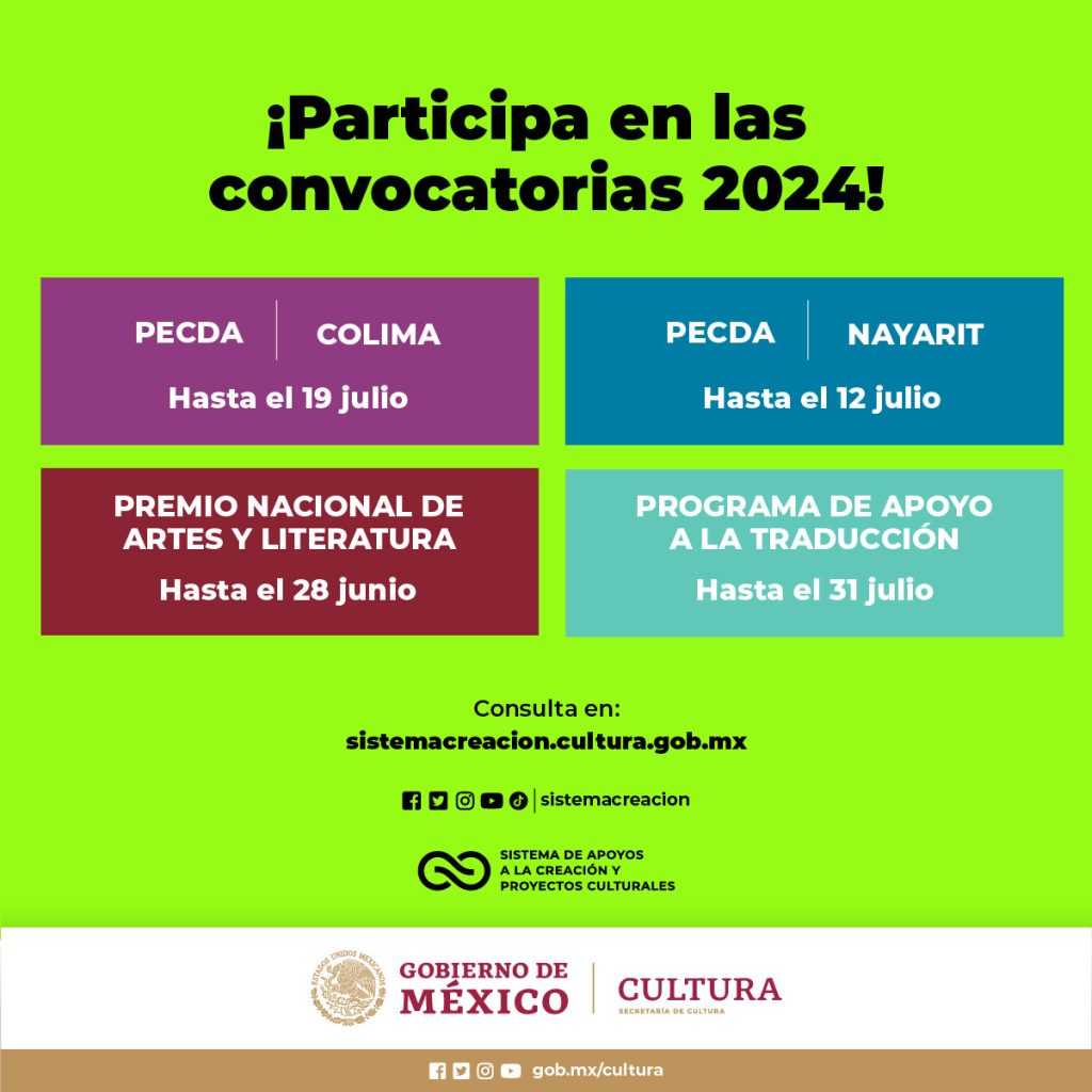 Continúan abiertas las convocatorias: Premio Nacional de Artes y Literatura (PNAL), Programa de Apoyo a la Traducción (Protrad), y Programa de Estímulos a la Creación y el Desarrollo Artístico (Pecda) Nayarit y Colima.